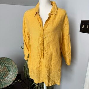 Chicos Yellow‎ Linen V-Neck Popover Blouse size 2 Large summer casual beachy